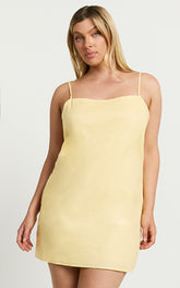 Mavie Mini Linen Dress - Linen Strappy Shift Dress in Lemon